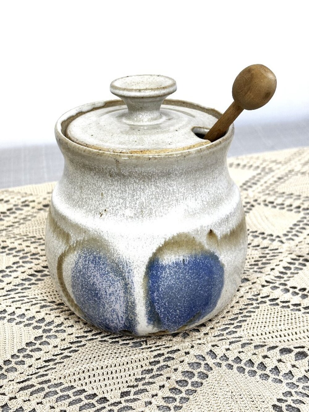80’s Handcrafted Ceramic Cottage Core Honey Pot & Dipper with Lid